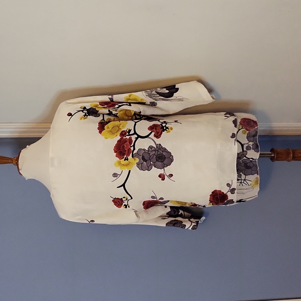 CITRON Top Blouse Silk Ivory Floral Yellow Black Small Layered Crane Birds - Picture 4 of 5